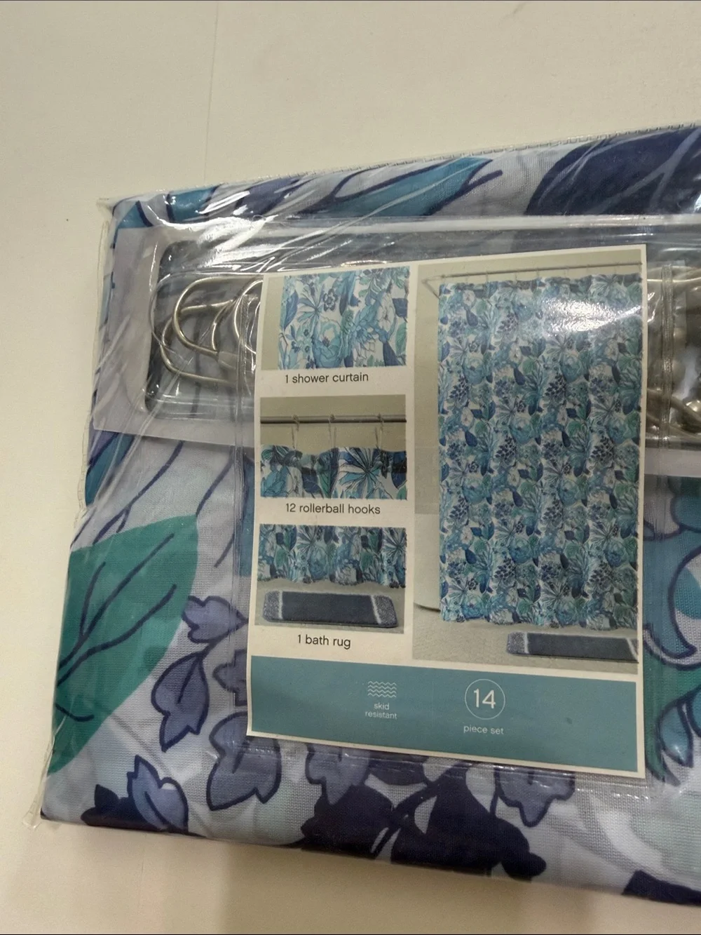 Floral Blue Shower Curtain Set with Hooks - Blue